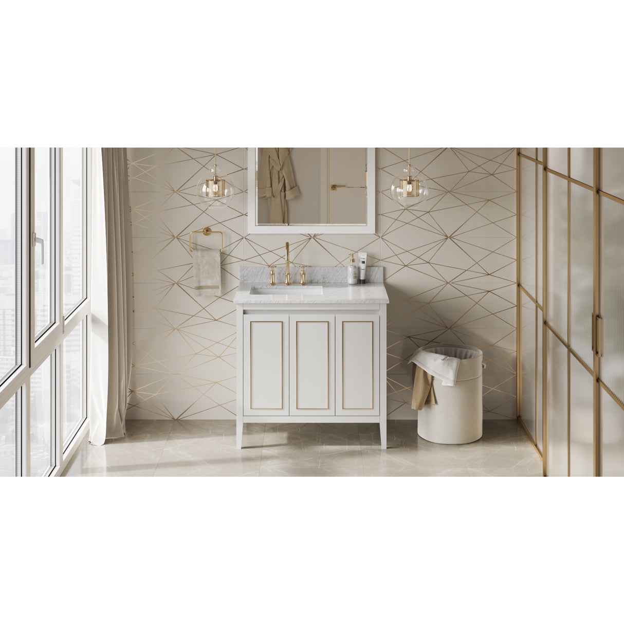 Jeffrey Alexander Percival 36" White Single Sink Bathroom Vanity with White Carrara Marble Top - 8 in. Widespread Faucet Top
