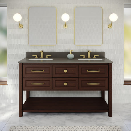 Jeffrey Alexander Kipling 60" Dark Walnut Double Sink Bathroom Vanity with Grey Quartz Top - 8 in. Widespread Faucet Top