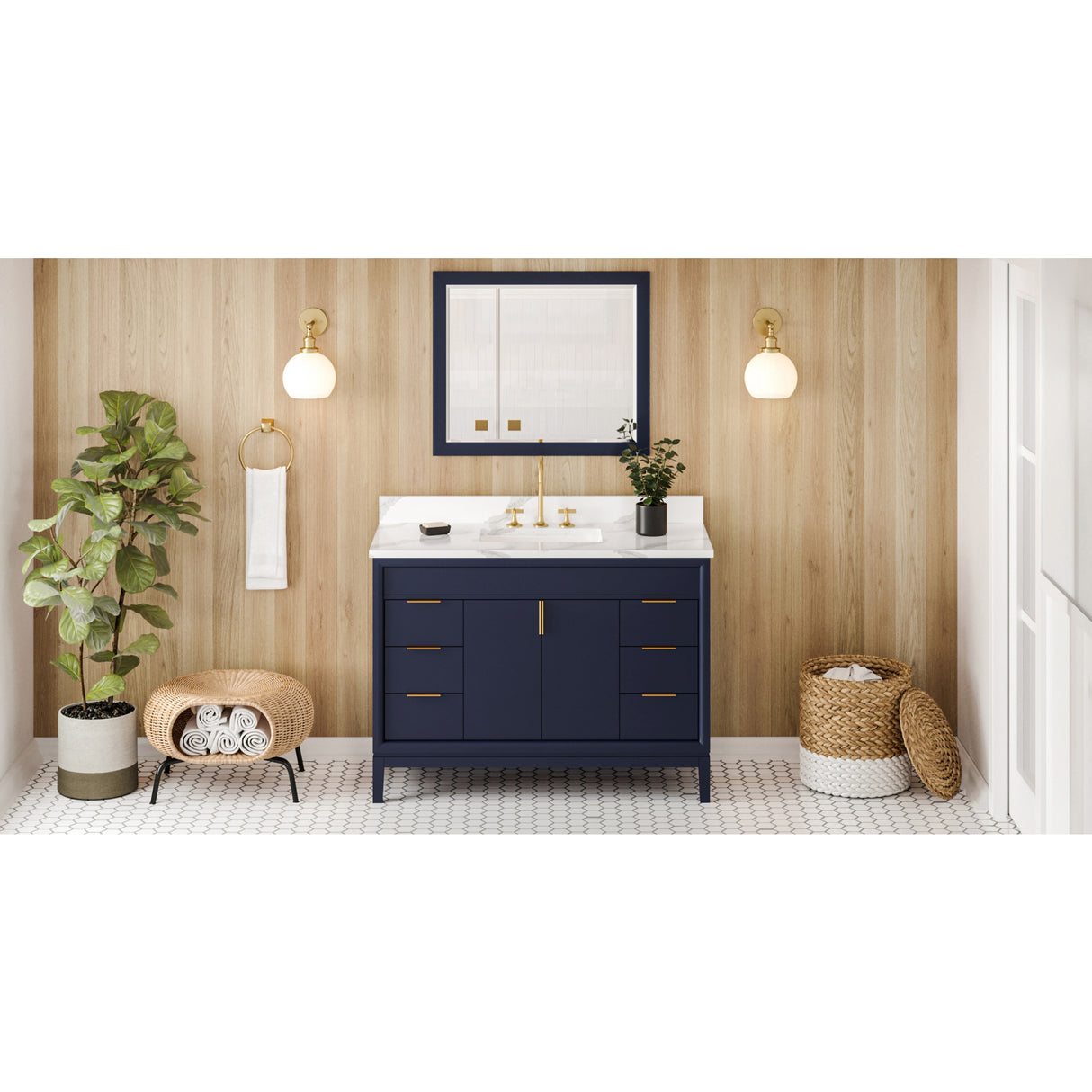 Jeffrey Alexander Theodora 48" Hale Blue Single Sink Bathroom Vanity with Calacatta Vienna Quartz Top - 8 in. Widespread Faucet Top