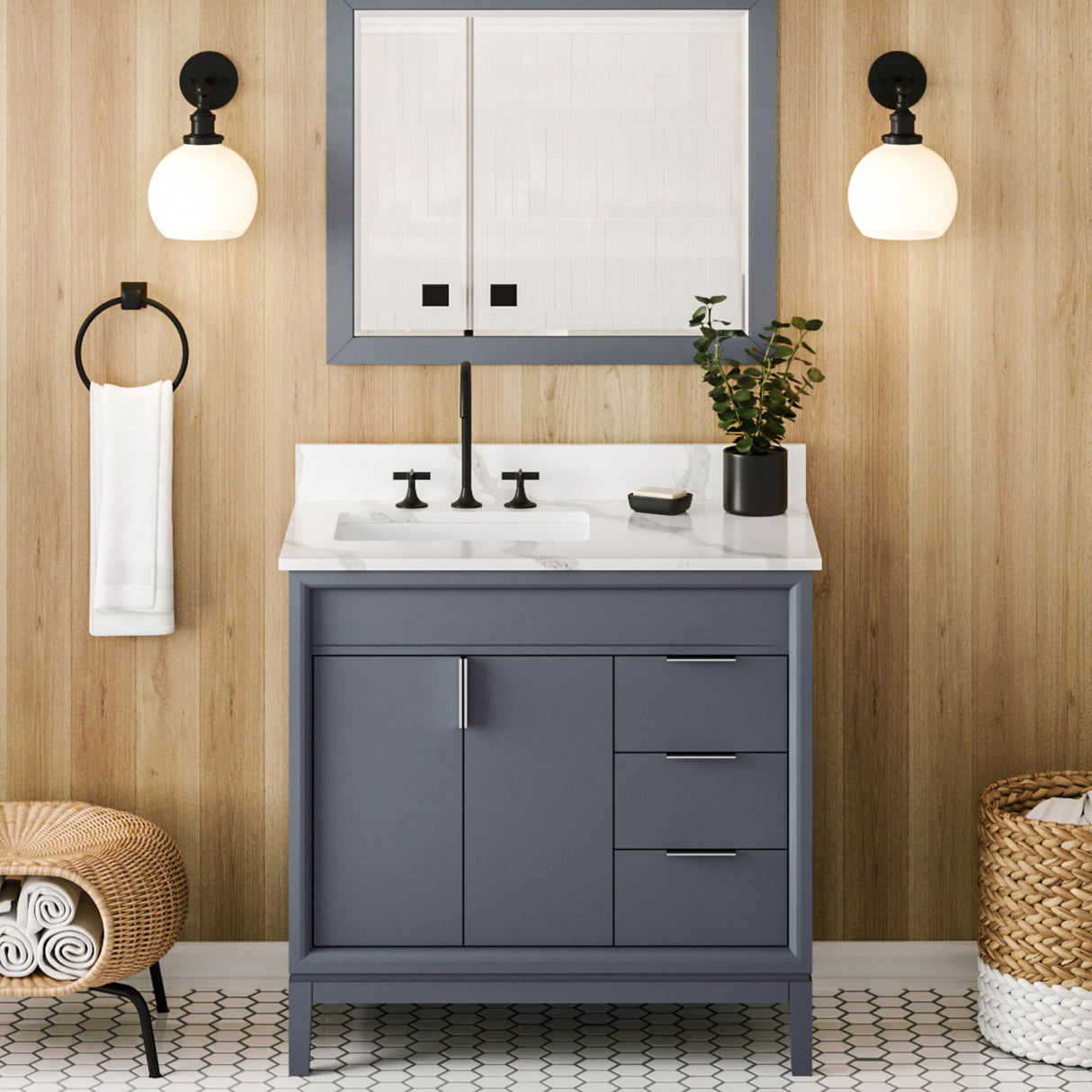 Jeffrey Alexander Theodora 36" Blue Steel Single Sink Bathroom Vanity with Calacatta Vienna Quartz Top - 8 in. Widespread Faucet Top product image 2