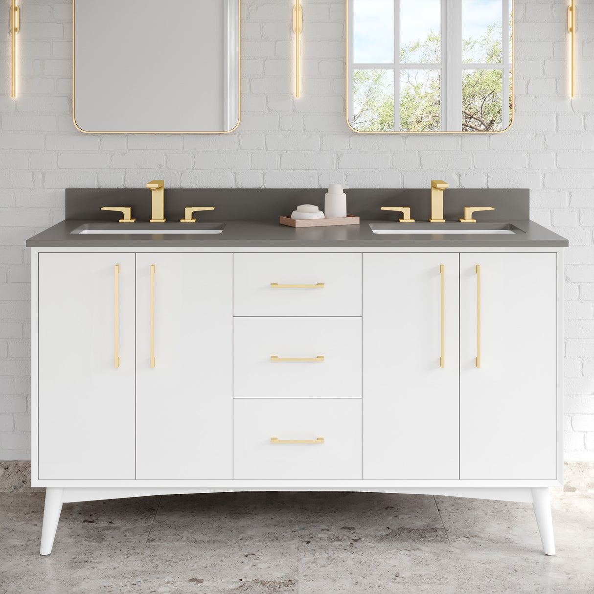 Jeffrey Alexander Dashwood 60" White Double Sink Bathroom Vanity with Grey Quartz Top - 8 in. Widespread Faucet Top
