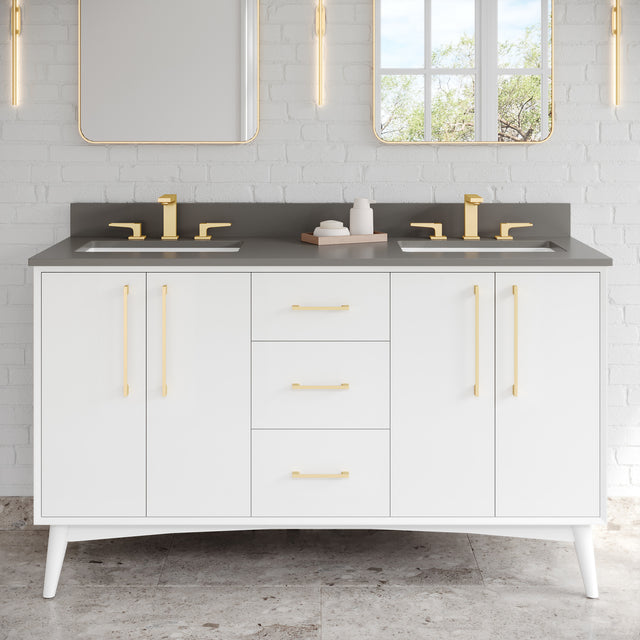 Jeffrey Alexander Dashwood 60" White Double Sink Bathroom Vanity with Grey Quartz Top - 8 in. Widespread Faucet Top