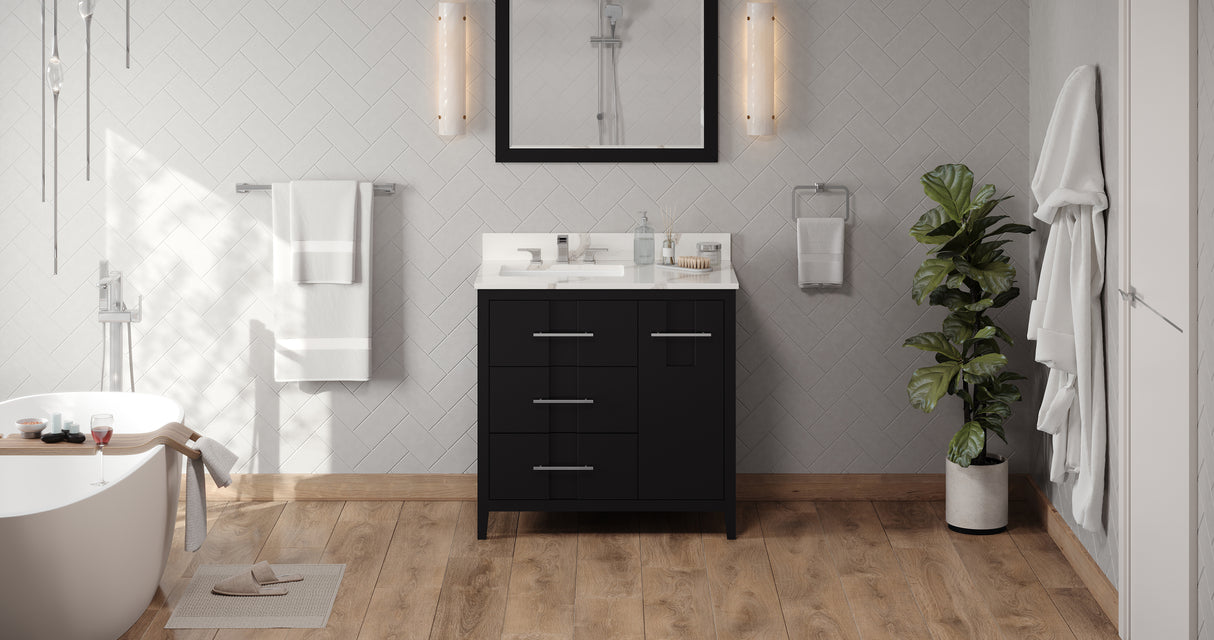 Jeffrey Alexander Katara 36" Black Single Sink Bathroom Vanity with Calacatta Vienna Quartz Top - 8 in. Widespread Faucet Top product image 7