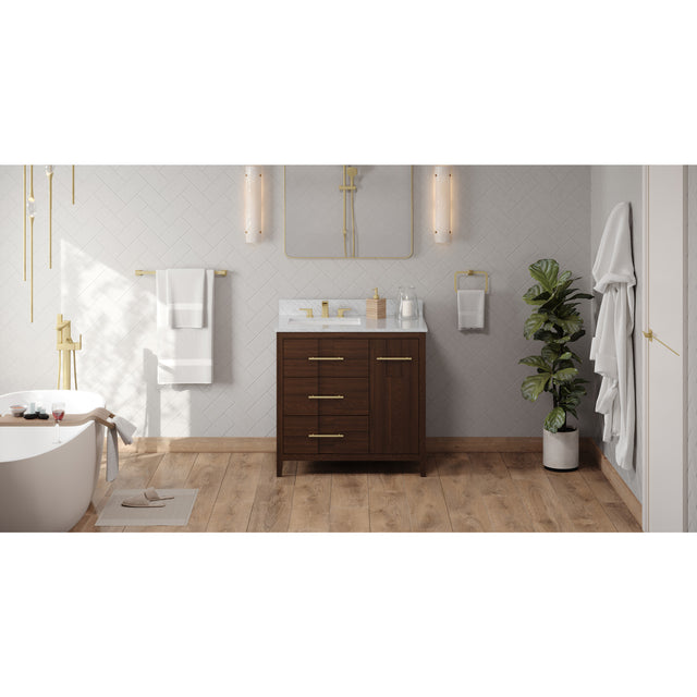 Jeffrey Alexander Katara 36" Dark Walnut Single Sink Bathroom Vanity with White Carrara Marble Top - 8 in. Widespread Faucet Top