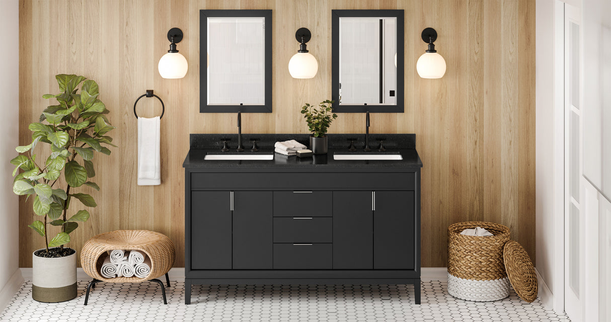 Jeffrey Alexander Theodora 60" Black Double Sink Bathroom Vanity with Black Granite Top - 8 in. Widespread Faucet Top product image 6