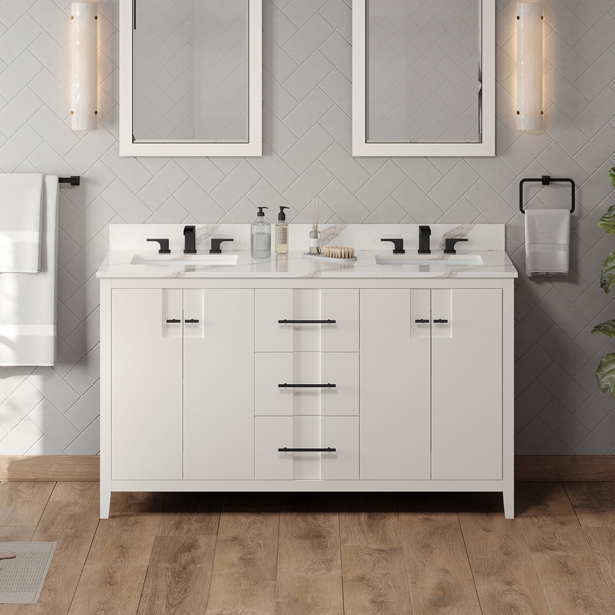 Jeffrey Alexander Katara 60" White Double Sink Bathroom Vanity with Calacatta Vienna Quartz Top - 8 in. Widespread Faucet Top product image 2