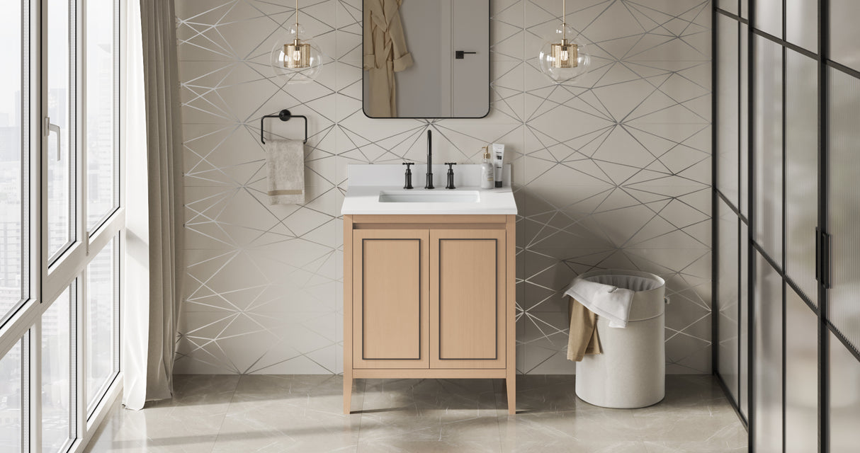 Jeffrey Alexander Percival 30" Natural Oak Single Sink Bathroom Vanity with White Quartz Top - 8 in. Widespread Faucet Top - VKITPER30NOWQR product image 6