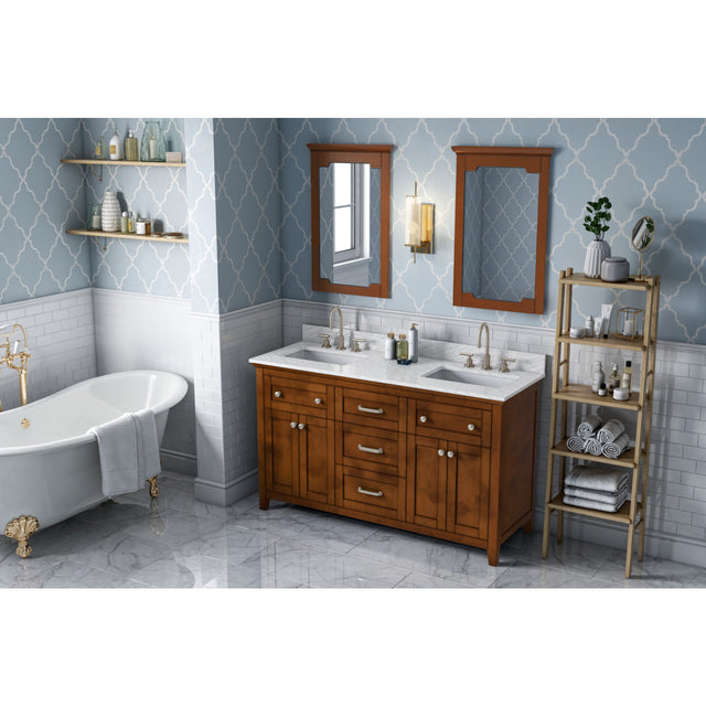 Jeffrey Alexander Chatham 60" Chocolate Double Sink Bathroom Vanity with White Carrara Marble Top - 8 in. Widespread Faucet Top - VKITCHA60CHWCR