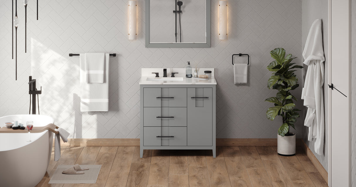 Jeffrey Alexander Katara 36" Grey Single Sink Bathroom Vanity with Calacatta Vienna Quartz Top - 8 in. Widespread Faucet Top product image 7