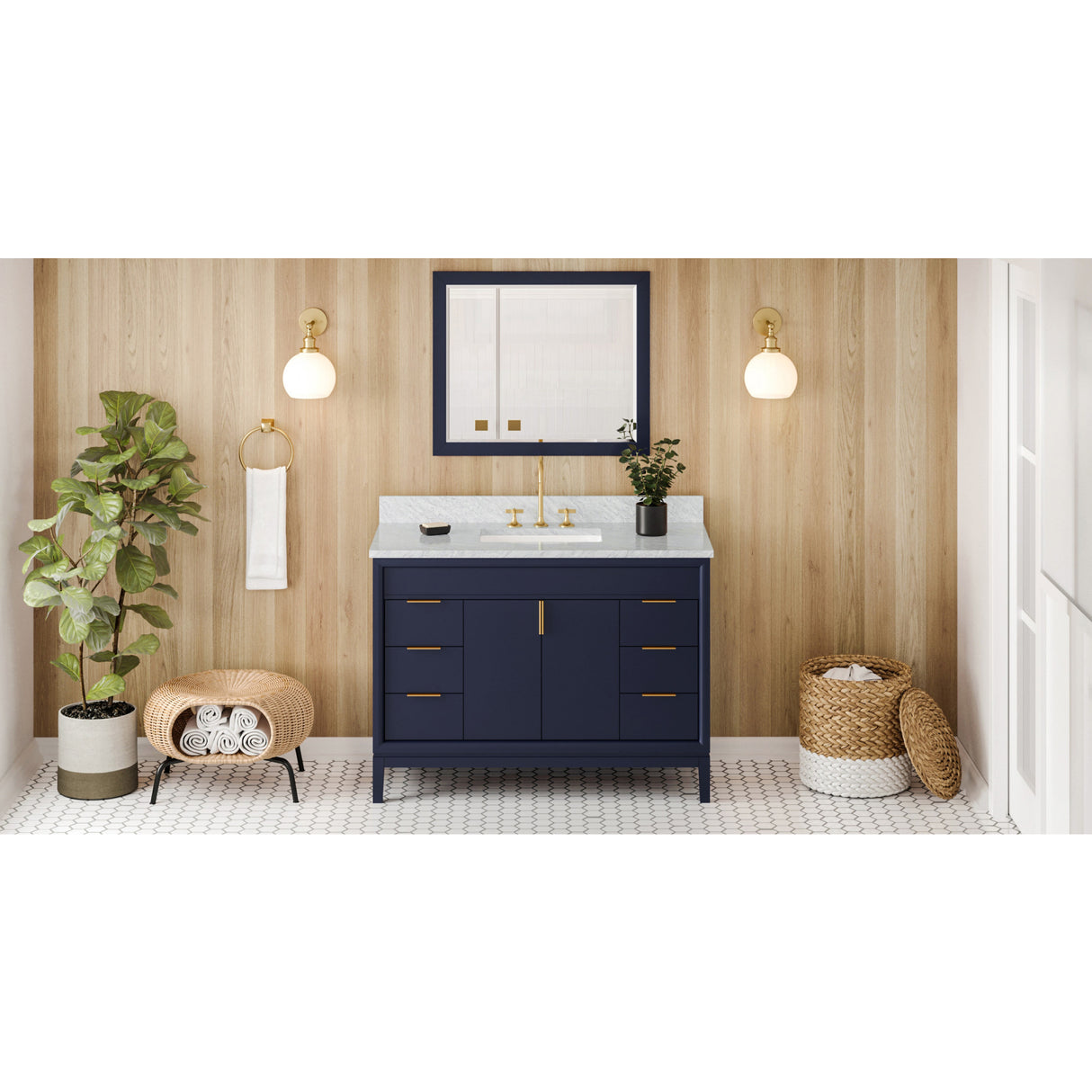 Jeffrey Alexander Theodora 48" Hale Blue Single Sink Bathroom Vanity with White Carrara Marble Top - 8 in. Widespread Faucet Top