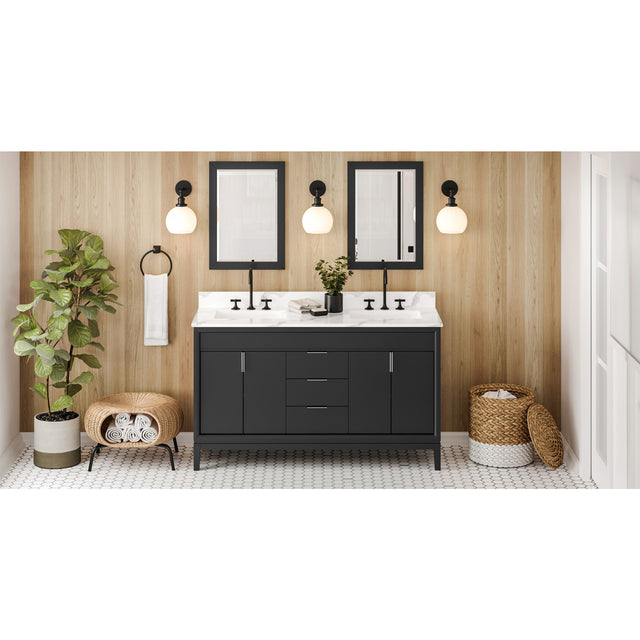 Jeffrey Alexander Theodora 60" Black Double Sink Bathroom Vanity with Calacatta Vienna Quartz Top - 8 in. Widespread Faucet Top
