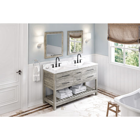Jeffrey Alexander Wavecrest 60" Weathered Grey Double Sink Bathroom Vanity with Calacatta Vienna Quartz Top - 8 in. Widespread Faucet Top