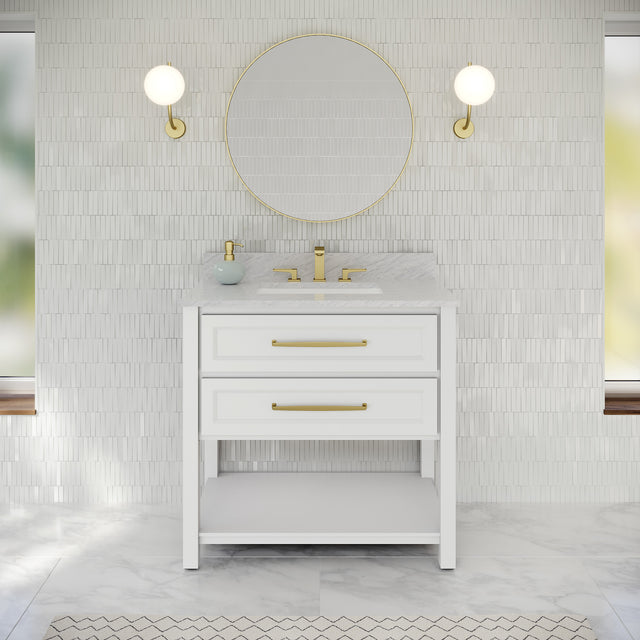Jeffrey Alexander Kipling 37" White Single Sink Bathroom Vanity with White Carrara Marble Top - Single-Hole Faucet Top