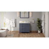 Jeffrey Alexander Katara 36" Blue Steel Single Sink Bathroom Vanity with Calacatta Vienna Quartz Top - 8 in. Widespread Faucet Top