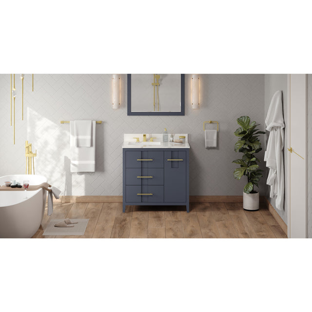 Jeffrey Alexander Katara 36" Blue Steel Single Sink Bathroom Vanity with Calacatta Vienna Quartz Top - 8 in. Widespread Faucet Top