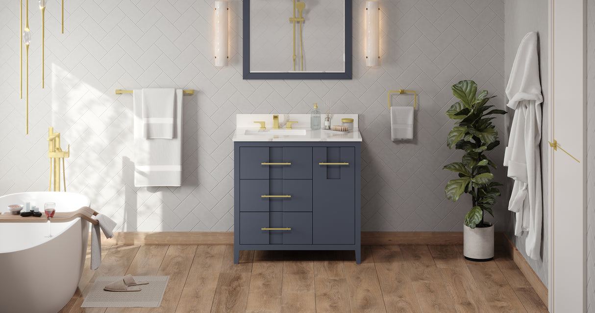 Jeffrey Alexander Katara 36" Blue Steel Single Sink Bathroom Vanity with Calacatta Vienna Quartz Top - 8 in. Widespread Faucet Top product image 7