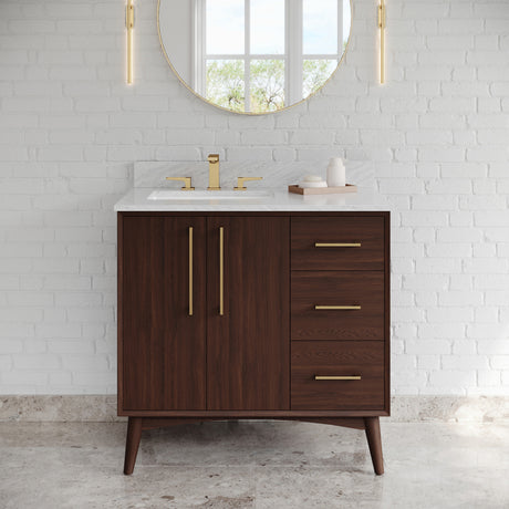 Jeffrey Alexander Dashwood Dark Walnut Single Sink Bathroom Vanity with White Carrara Marble Top - 8 in. Widespread Faucet Top - VKITDAS36DWWCR