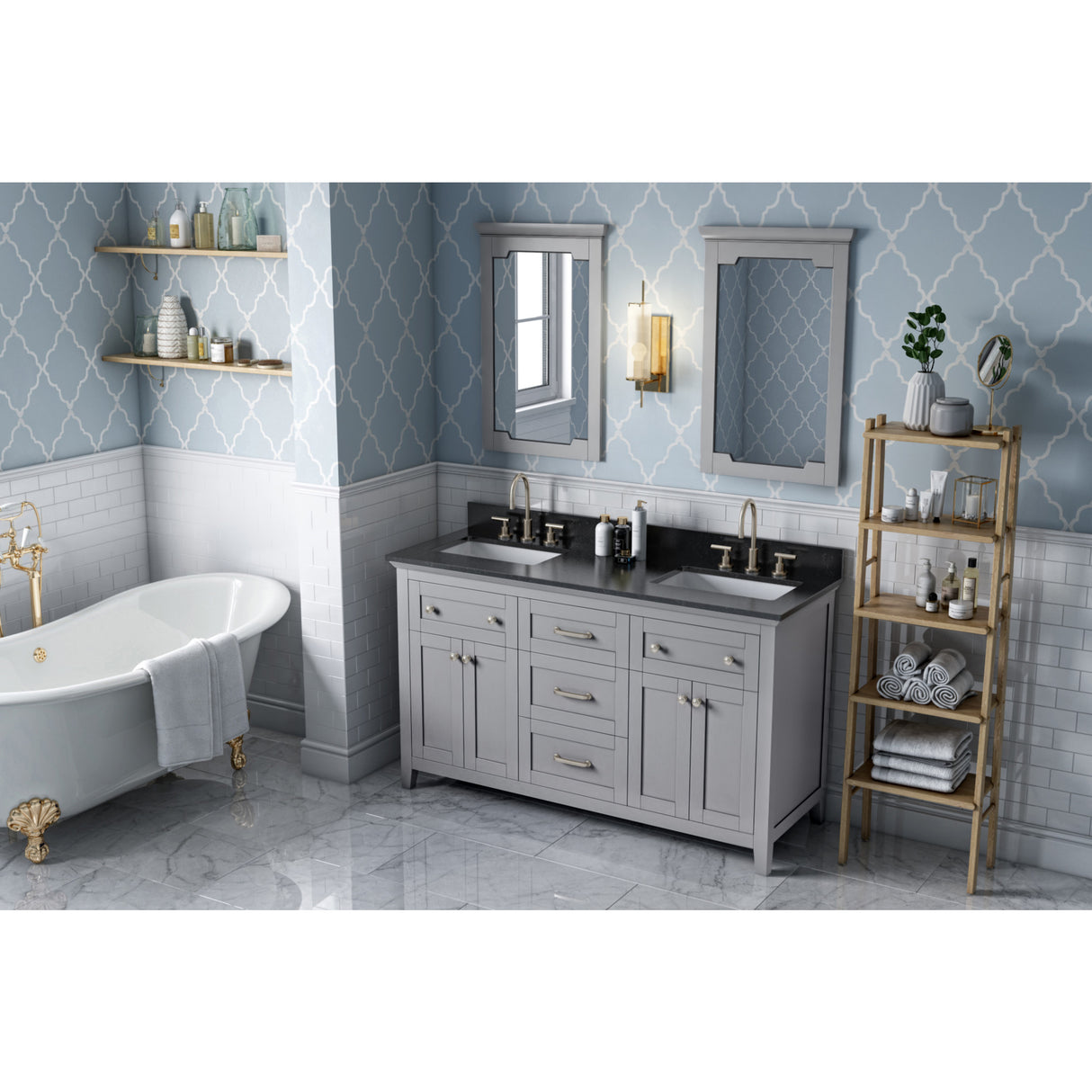 Jeffrey Alexander Chatham 60" Grey Double Sink Bathroom Vanity with Black Granite Top - 8 in. Widespread Faucet Top - VKITCHA60GRBGR