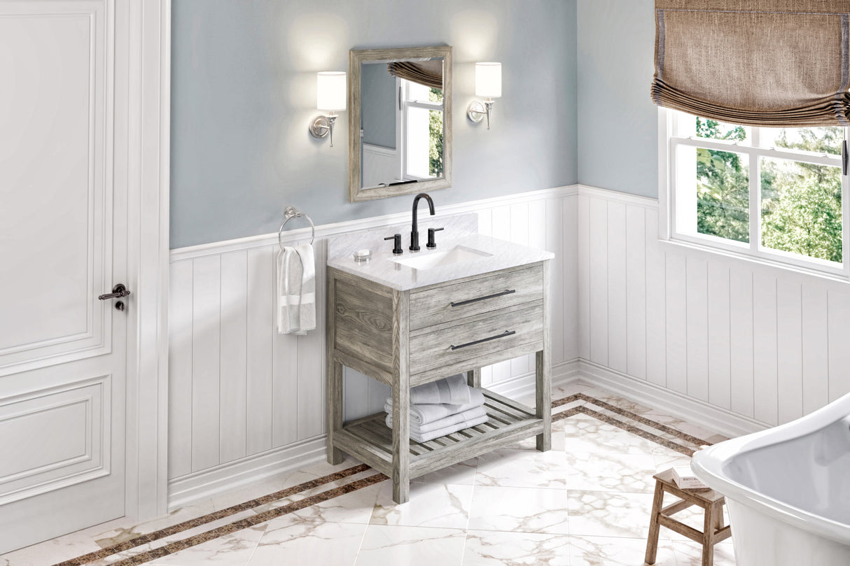 Jeffrey Alexander Wavecrest 36" Weathered Grey Single Sink Bathroom Vanity with White Carrara Marble Top - 8 in. Widespread Faucet Top product image 7