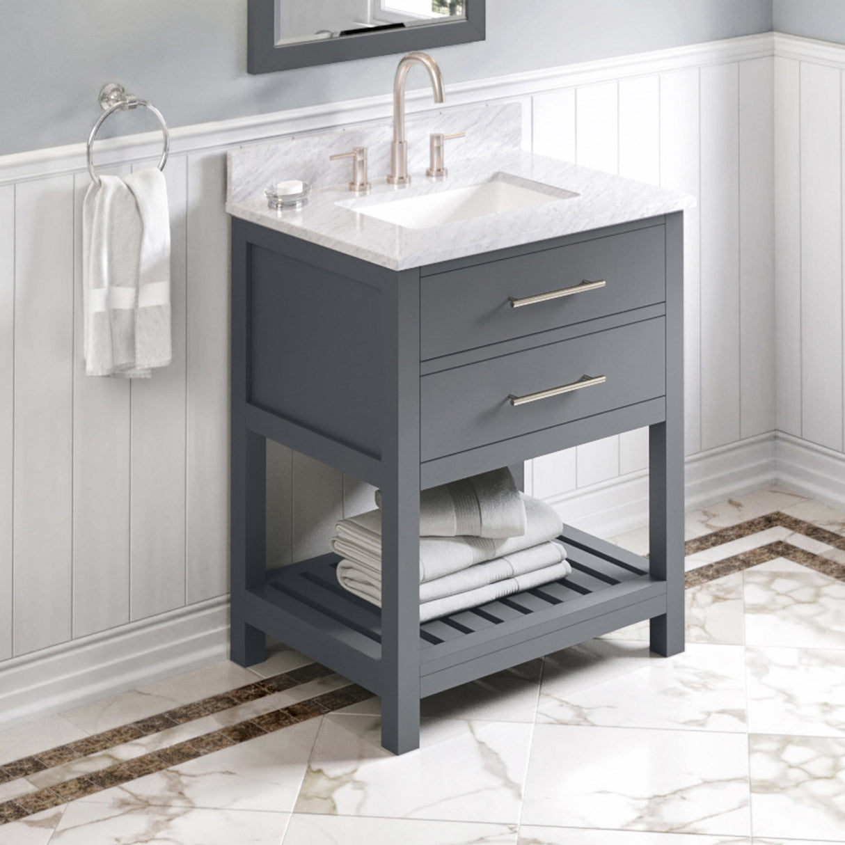 Jeffrey Alexander Wavecrest 30" Grey Single Sink Bathroom Vanity with White Carrara Marble Top - 8 in. Widespread Faucet Top product image 2
